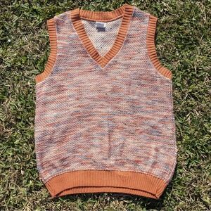 Vtg 70s Striped Sweater Vest Small Preppy Sears Muted Orange V-Neck Academia